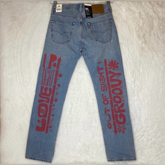 NWT Levi's Premium 501 Jeans Men’s Hippie Love Peace Groovy Flowers - Picture 6 of 14
